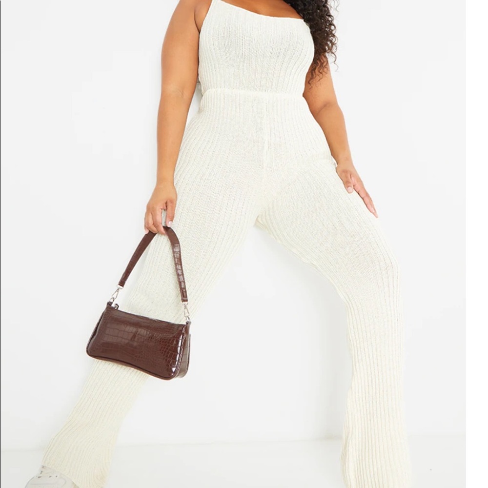 Plus Cream Strappy Knitted Flared Leg Jumpsuit